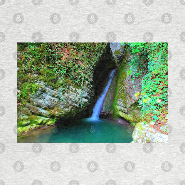 Scene from Sibillini Mountains with Cascata del Pellegrino waterfall, basin, rocks by KristinaDrozd